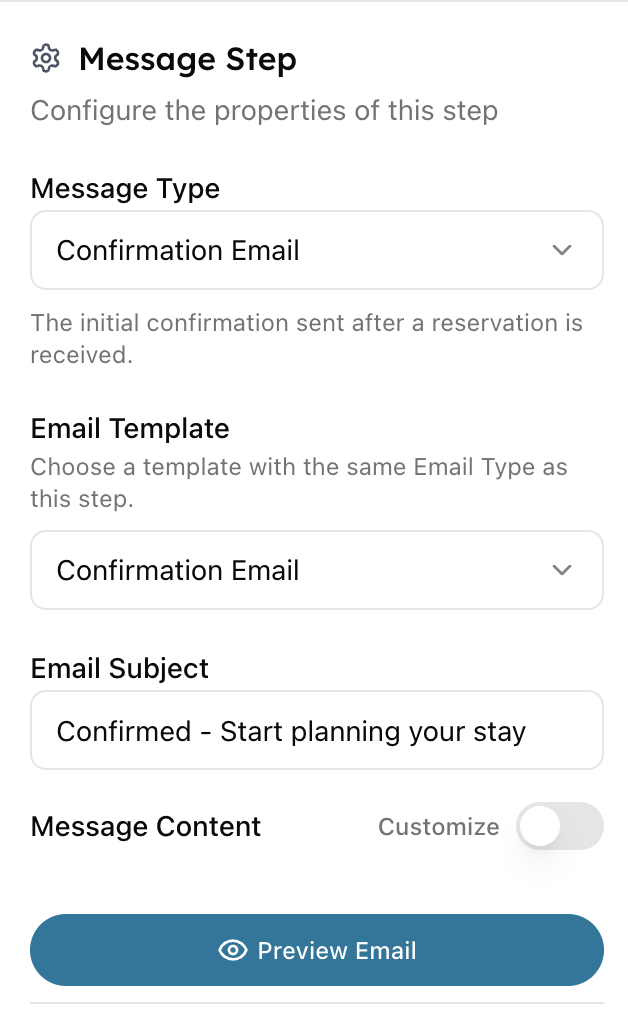 Message Step settings: message type Confirmation Email, email template Confirmation Email, subject ‘Confirmed – Start planning your stay’, and a Preview Email button