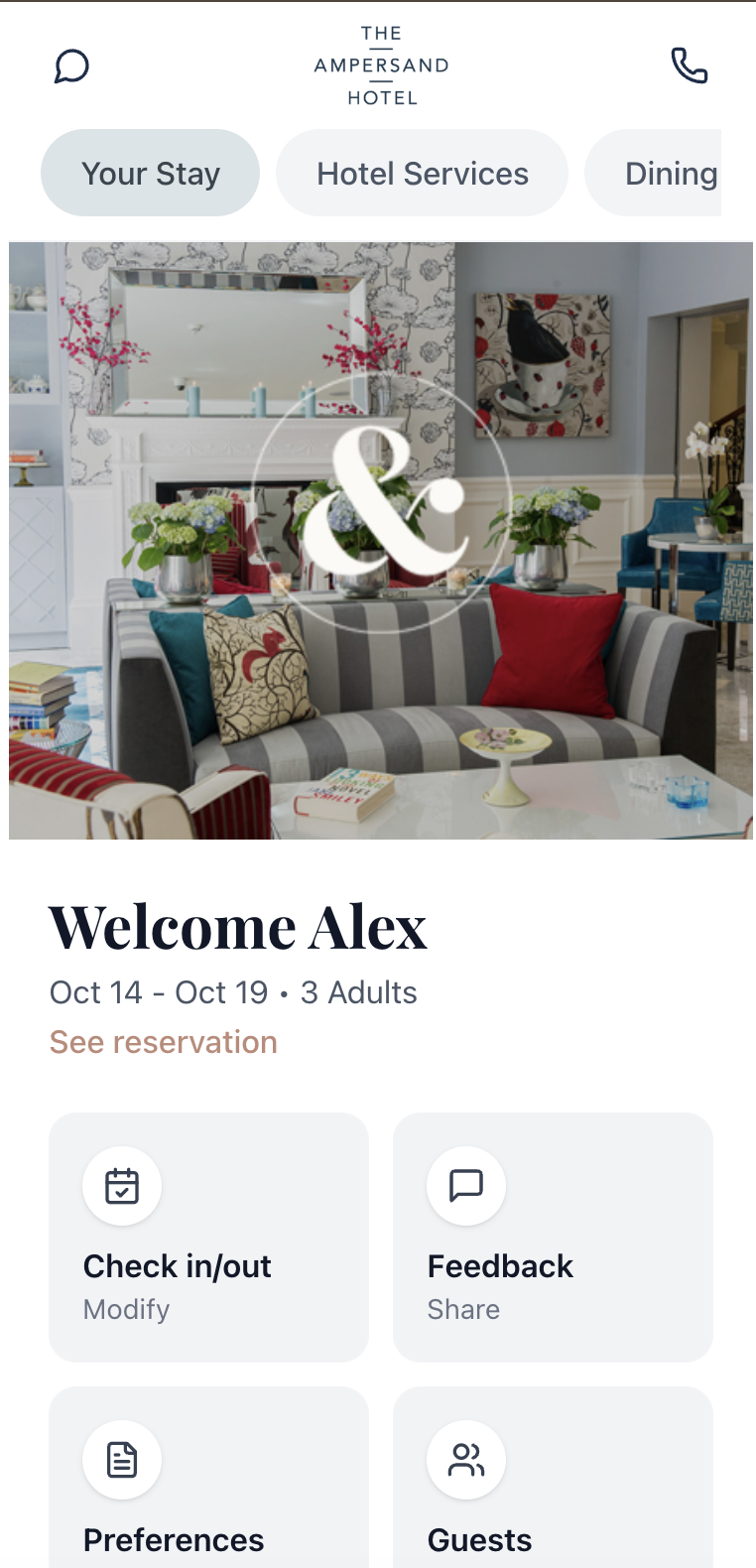 Hotel guest page on a phone: welcome message, stay dates and tiles for check in, feedback, preferences and guests