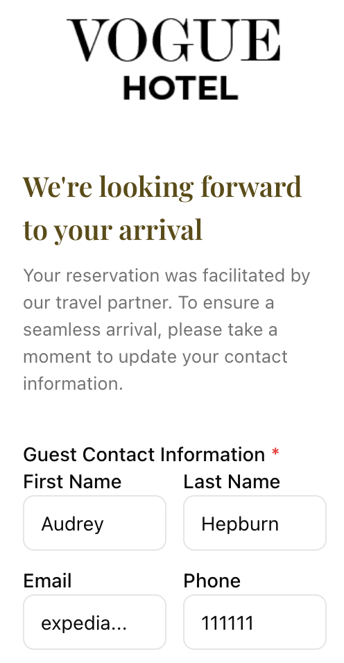A hotel’s pre-arrival form where an OTA guest has filled in their name, email and phone number