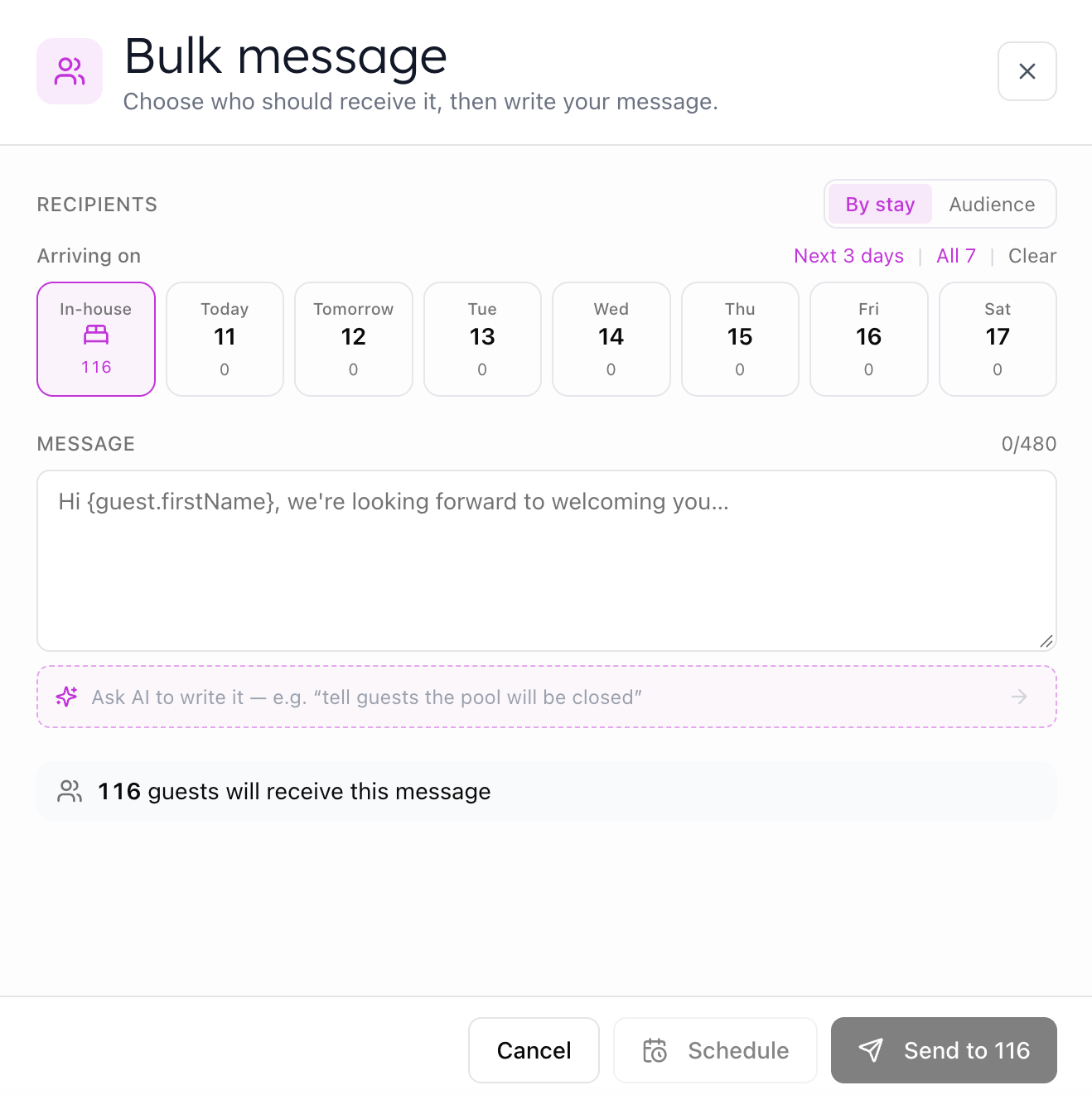 Pulse Bulk message window: recipients chosen by stay, with 116 in-house guests selected, a message box, an Ask AI prompt, and Schedule and Send to 116 buttons